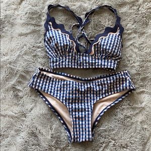 blue and pink plaid bathing suit